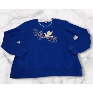 Laura Scott Holiday Dove Embroidered V- Neck Sweatshirt Women's Size XL